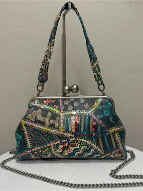 Sequin Embroidered Leather Handmade Kisslock Frame Clutch Bag, Crossbody